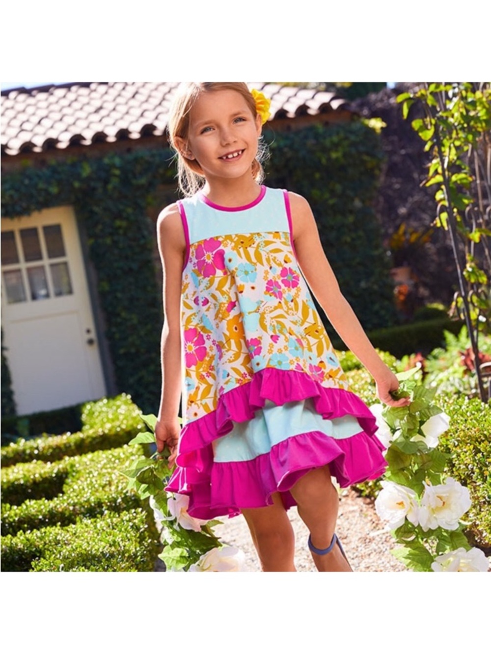 Matilda Jane Fun in the Sun Tank Dress Girls size 10 Floral Ruffle Polka Dot